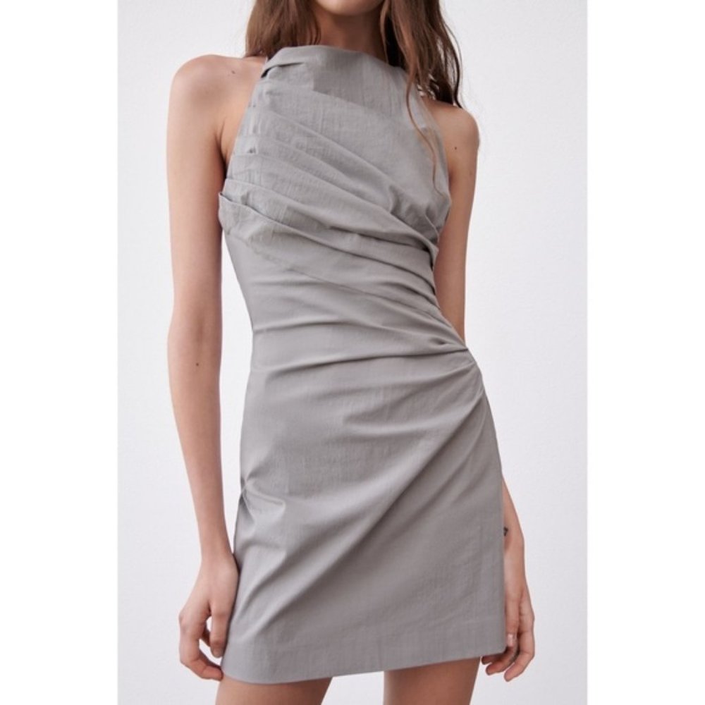 ZARA DRAPED LINEN DRESS GRAY SMALL